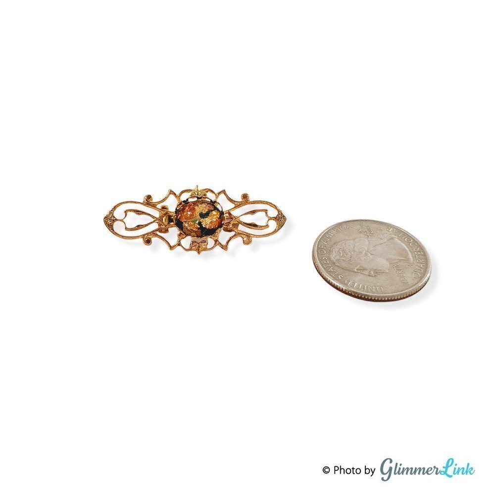 Victorian Style Gold Tone Faux Fire Opal Filigree Bar Brooch - Picture 3 of 4